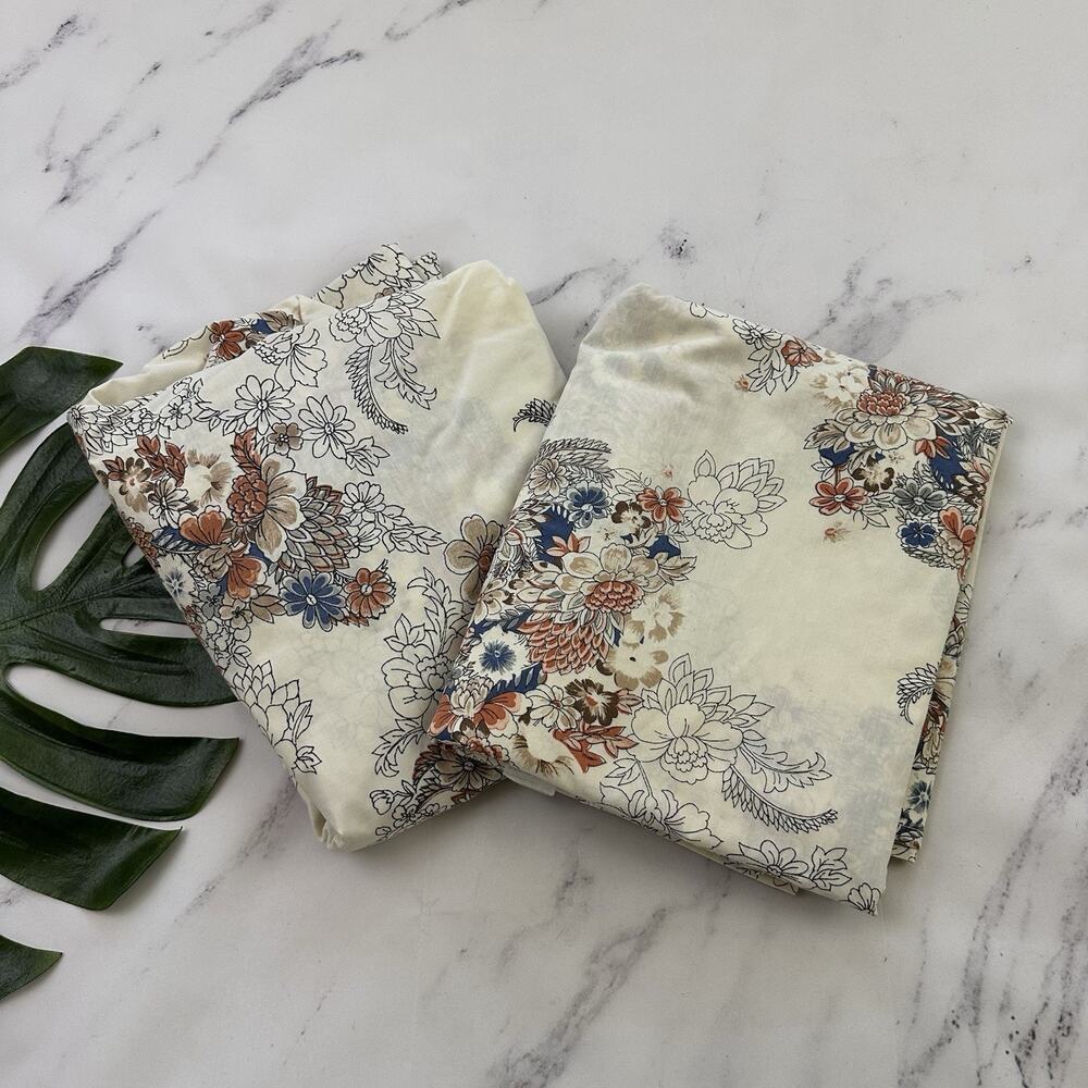Tastemaker Vintage 70s Bed Sheet Set Cream Orange Floral Full Double Flat Fitted
